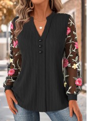 ROTITA Floral Print Black Asymmetrical Neck Long Sleeve Blouse