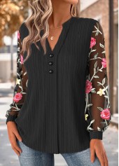 Black tops,Floral tops,Plants tops,ROTITA Floral Print Black Asymmetrical Neck Long Sleeve Blouse