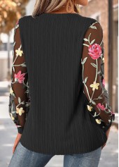 Black tops,Floral tops,Plants tops,ROTITA Floral Print Black Asymmetrical Neck Long Sleeve Blouse