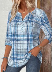 Light Blue tops,Plaid tops,Geometric tops,ROTITA Plaid Light Blue Split Neck Long Sleeve Shirt