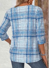Light Blue tops,Plaid tops,Geometric tops,ROTITA Plaid Light Blue Split Neck Long Sleeve Shirt