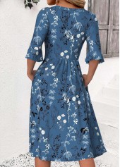 Peacock Blue dresses,Floral dresses,Plants dresses,Everyday dresses,Casual dresses,ROTITA Floral Print Peacock Blue Round Neck 3/4 Sleeve Dress