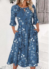 Peacock Blue dresses,Floral dresses,Plants dresses,Everyday dresses,Casual dresses,ROTITA Floral Print Peacock Blue Round Neck 3/4 Sleeve Dress