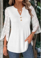 White tops,Plain Color tops,ROTITA White Split Neck 3/4 Sleeve Blouse