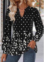 ROTITA Leaf Print Black Split Neck Long Sleeve Blouse