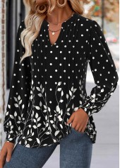 Black tops,Plants tops,ROTITA Leaf Print Black Split Neck Long Sleeve Blouse