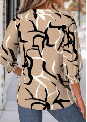 Light Camel tops,Geometric tops,ROTITA Geometric Print Light Camel Split Neck 3/4 Sleeve Blouse