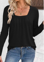 Black tops,Plain Color tops,ROTITA Black Square Neck Long Sleeve T Shirt