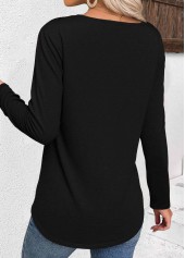 Black tops,Plain Color tops,ROTITA Black Square Neck Long Sleeve T Shirt