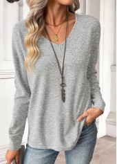 Light Grey tops,Plain Color tops,ROTITA Light Grey V Neck Long Sleeve T Shirt