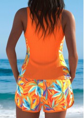 Orange swimwear,Plants swimwear,ROTITA Orange Leaf Print Mid Waisted Tankini Set