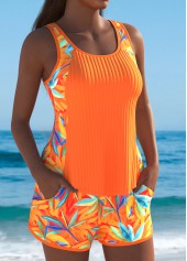 Orange swimwear,Plants swimwear,ROTITA Orange Leaf Print Mid Waisted Tankini Set