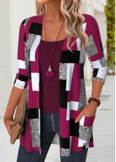 Dark Reddish Purple tops,Geometric tops,ROTITA Geometric Print Dark Reddish Purple Long Sleeve Light Cardigan