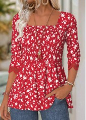 Red tops,Ditsy Floral tops,ROTITA Ditsy Floral Print Red Square Neck Long Sleeve Blouse