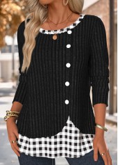 Black tops,Plaid tops,Geometric tops,ROTITA Plaid Black Round Neck Long Sleeve T Shirt