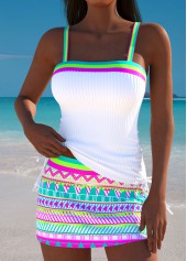 Multi Color swimwear,Geometric swimwear,ROTITA Multi Color Geometric Print Mid Waisted Tankini Set