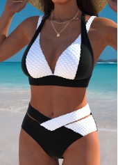 Black swimwear,Contrast Color swimwear,ROTITA Black Criss Cross Contrast Bikini Set