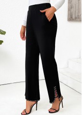 Black bottoms,Plain Color bottoms,Pocket Black Straight Leg Elastic Waist High Waisted Pants