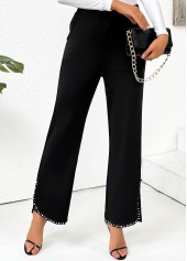 Black bottoms,Plain Color bottoms,Pocket Black Straight Leg Elastic Waist High Waisted Pants