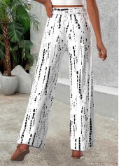 White bottoms,Geometric bottoms,Geometric Print White Wide Leg Elastic Waist Pants