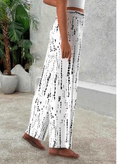 White bottoms,Geometric bottoms,Geometric Print White Wide Leg Elastic Waist Pants