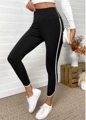 Black bottoms,Contrast Color bottoms,Black High Waisted Elastic Waist Capri Leggings