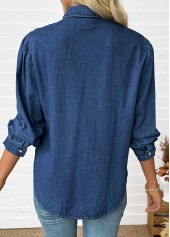 Denim Blue tops,Plain Color tops,Tummy Coverage Denim Blue Long Sleeve Shirt