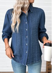 Denim Blue tops,Plain Color tops,Tummy Coverage Denim Blue Long Sleeve Shirt