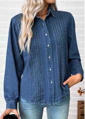 Denim Blue tops,Plain Color tops,Tummy Coverage Denim Blue Long Sleeve Shirt
