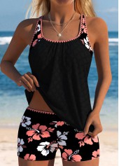 Black swimwear,Floral swimwear,Plants swimwear,ROTITA Coral Floral Print Mid Waisted Tankini Set