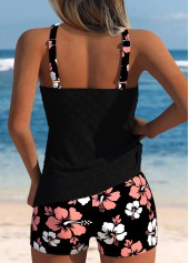 Black swimwear,Floral swimwear,Plants swimwear,ROTITA Coral Floral Print Mid Waisted Tankini Set