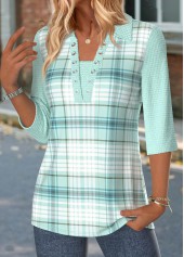 Mint Green tops,Plaid tops,Geometric tops,ROTITA Plaid Mint Green 3/4 Sleeve T Shirt