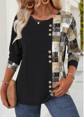 Black tops,Geometric tops,ROTITA Geometric Print Black Round Neck Long Sleeve T Shirt