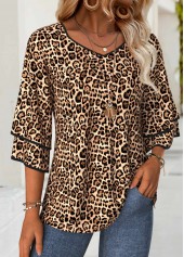 Light Coffee tops,Leopard tops,Animal Print tops,ROTITA Leopard Light Coffee 3/4 Sleeve T Shirt