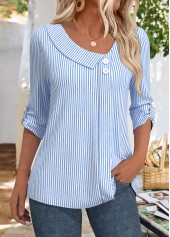 Blue tops,Striped tops,Geometric tops,ROTITA Striped Blue Asymmetrical Neck 3/4 Sleeve Blouse