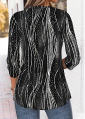 Black tops,Geometric tops,ROTITA Geometric Print Black Split Neck 3/4 Sleeve Blouse