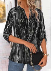 Black tops,Geometric tops,ROTITA Geometric Print Black Split Neck 3/4 Sleeve Blouse