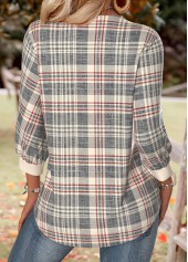 Multi Color tops,Plaid tops,Geometric tops,ROTITA Plaid Multi Color V Neck 3/4 Sleeve Shirt