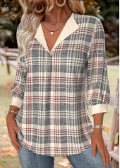 Multi Color tops,Plaid tops,Geometric tops,ROTITA Plaid Multi Color V Neck 3/4 Sleeve Shirt