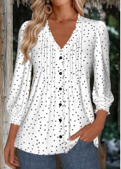 ROTITA Polka Dot White V Neck 3/4 Sleeve Blouse