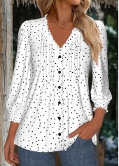 White tops,Dot tops,ROTITA Polka Dot White V Neck 3/4 Sleeve Blouse