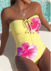 Yellow swimwear,Floral swimwear,Plants swimwear,ROTITA Yellow Floral Print One Piece Swimwear