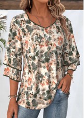 Multi Color tops,Floral tops,Plants tops,ROTITA Floral Print Multi Color 3/4 Sleeve T Shirt