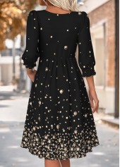 Black dresses,Geometric dresses,Everyday dresses,Casual dresses,ROTITA Geometric Print Black Round Neck 3/4 Sleeve Dress