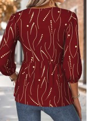 Red tops,Geometric tops,ROTITA Geometric Print Red Heart Collar 3/4 Sleeve Blouse