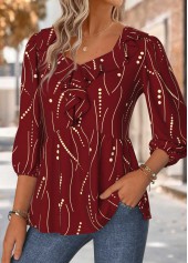 Red tops,Geometric tops,ROTITA Geometric Print Red Heart Collar 3/4 Sleeve Blouse
