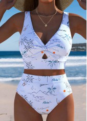 ROTITA Light Blue Tropical Plants Print High Waisted Bikini Set