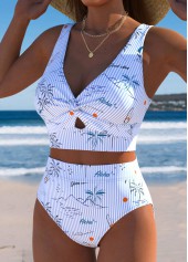 Light Blue swimwear,Plants swimwear,ROTITA Light Blue Tropical Plants Print High Waisted Bikini Set