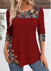 Rotita Tribal Print Pfauenblaues T-Shirt mit Rundhalsausschnitt