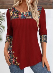 Deep Red tops,Tribal tops,ROTITA Tribal Print Peacock Blue Round Neck T Shirt